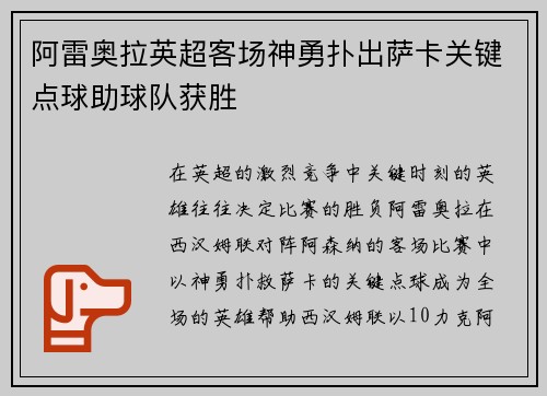 阿雷奥拉英超客场神勇扑出萨卡关键点球助球队获胜