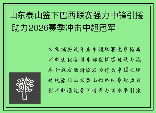 山东泰山签下巴西联赛强力中锋引援 助力2026赛季冲击中超冠军 山东泰山签下巴西联赛强力中锋引援 助力2026赛季冲击中超冠军